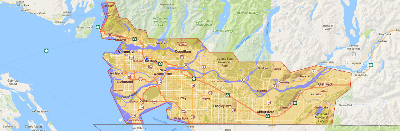 A map of the Lower Mainland, all served by 1st Pest Control.