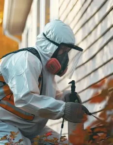 Pest control technician spraying a pesticide on bushes, preventative pest control